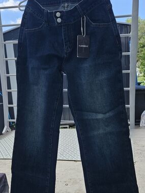 Womens Flamingals Boyfriend Dark Blue Straight-Leg Jeans Size Large 10-12 Boot